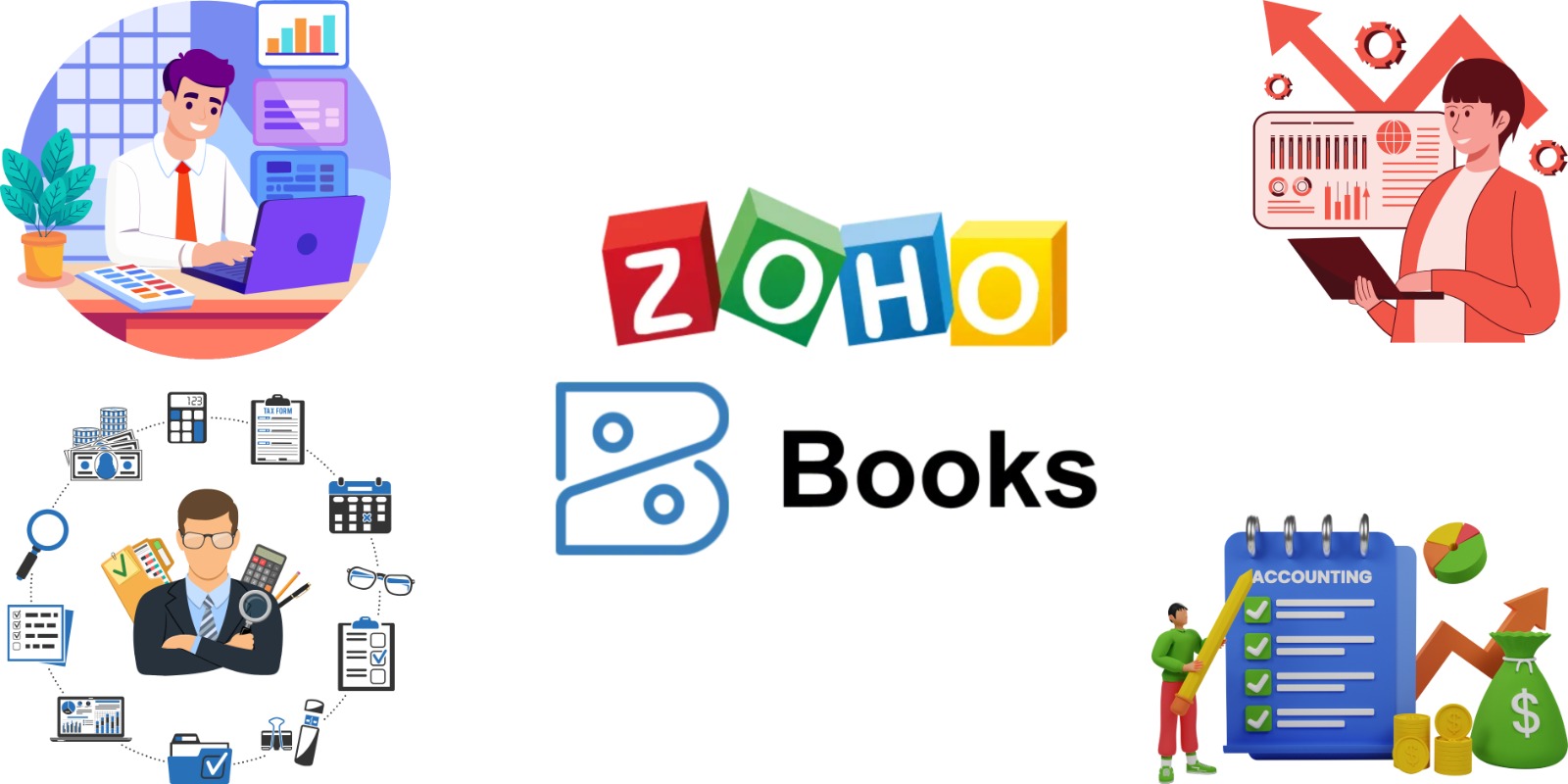 Business owner using Zoho Books on a laptop in January to manage invoices, expenses, and tax reports with clean digital dashboards.