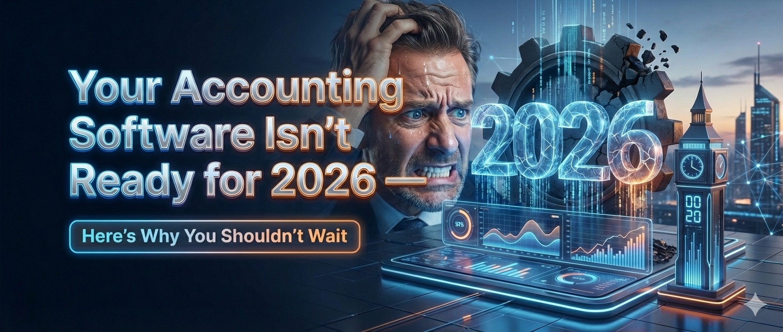 Business owner reviewing outdated accounting software on a laptop with warning icons showing risks for 2026