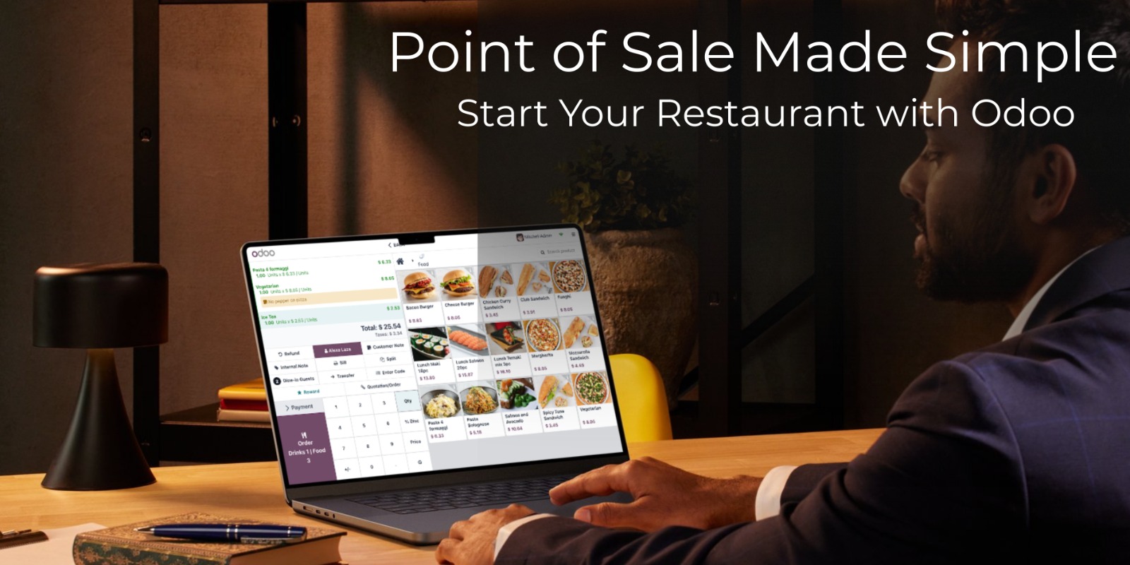 Restaurant staff taking order using tablet with Odoo Point of Sale.