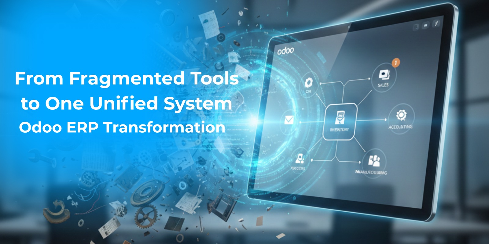 Business team managing multiple disconnected software dashboards including CRM, accounting, and inventory systems.