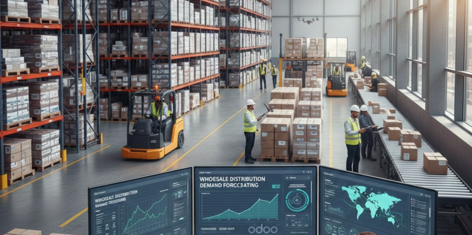 Wholesale distribution warehouse with excess inventory pallets showing overstock due to inaccurate demand forecasting.