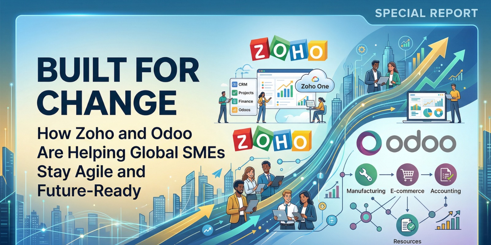 Global SME business team using Zoho and Odoo ERP dashboards with real-time analytics, automation workflows, and unified business control across departments.