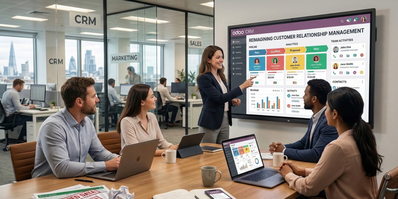 Odoo CRM dashboard displaying sales pipeline stages, leads, and revenue forecasts for a technology services company.