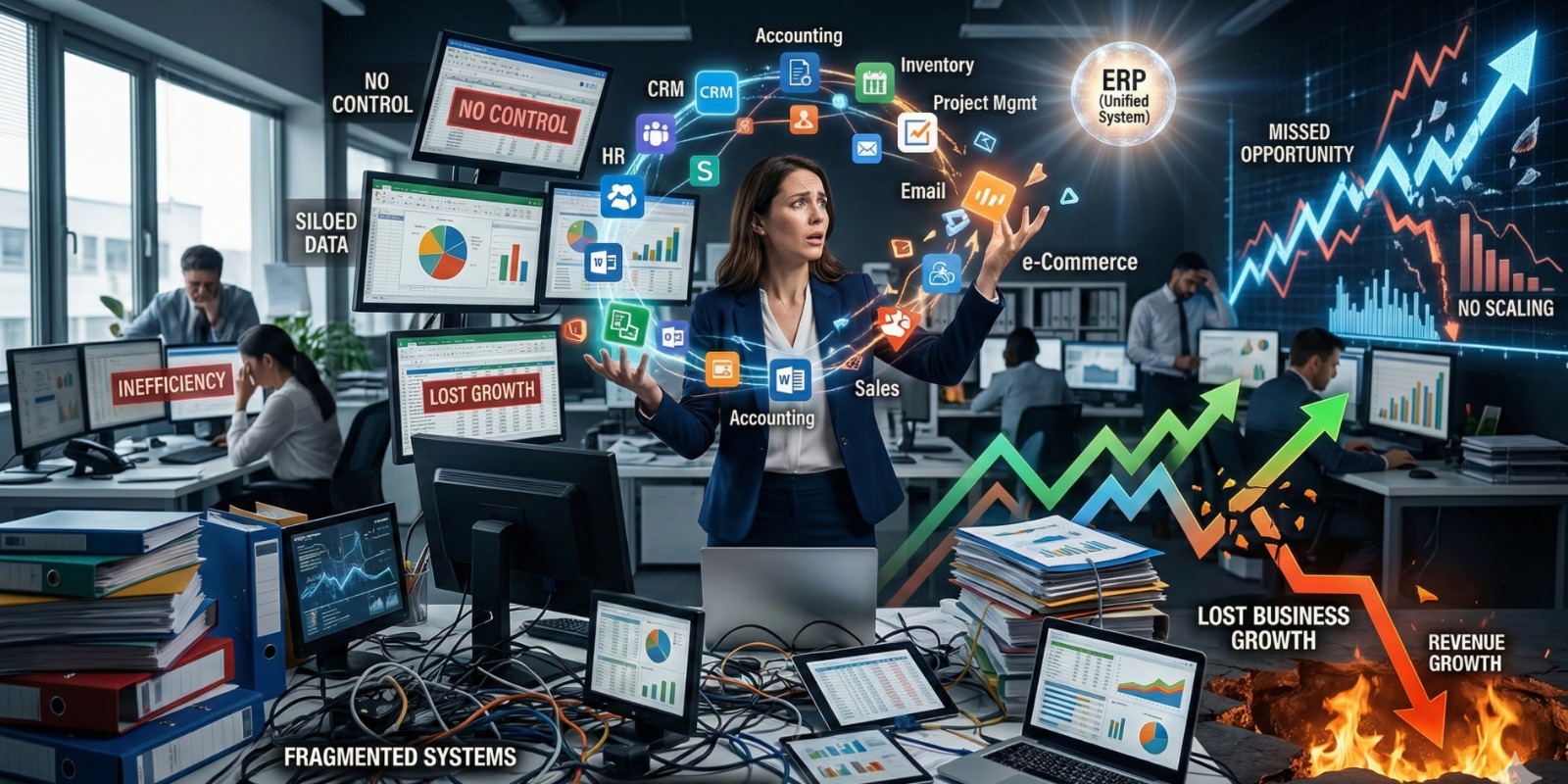 Business professionals struggling with multiple disconnected software tools compared to a unified Odoo ERP dashboard managing sales, finance, and inventory.