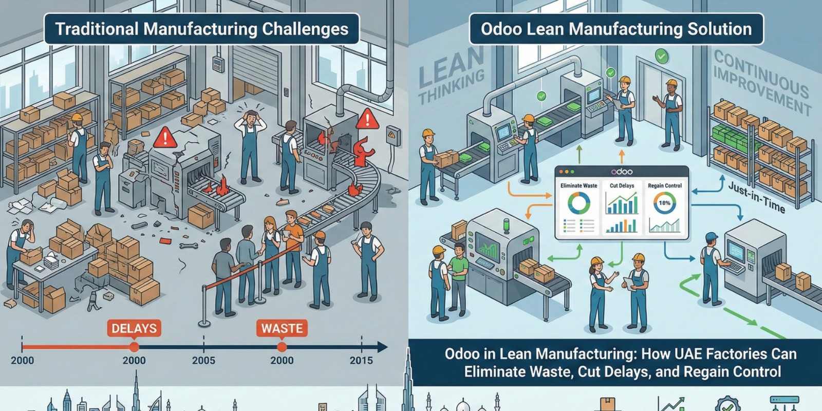 “Odoo ERP dashboard managing lean manufacturing processes in a UAE factory with real-time production tracking, inventory control, and waste reduction analytics.”