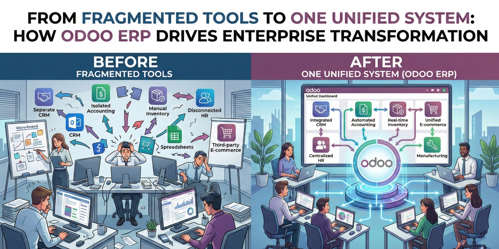 “Business leaders reviewing a unified Odoo ERP dashboard replacing fragmented software tools across finance, sales, inventory, and operations.