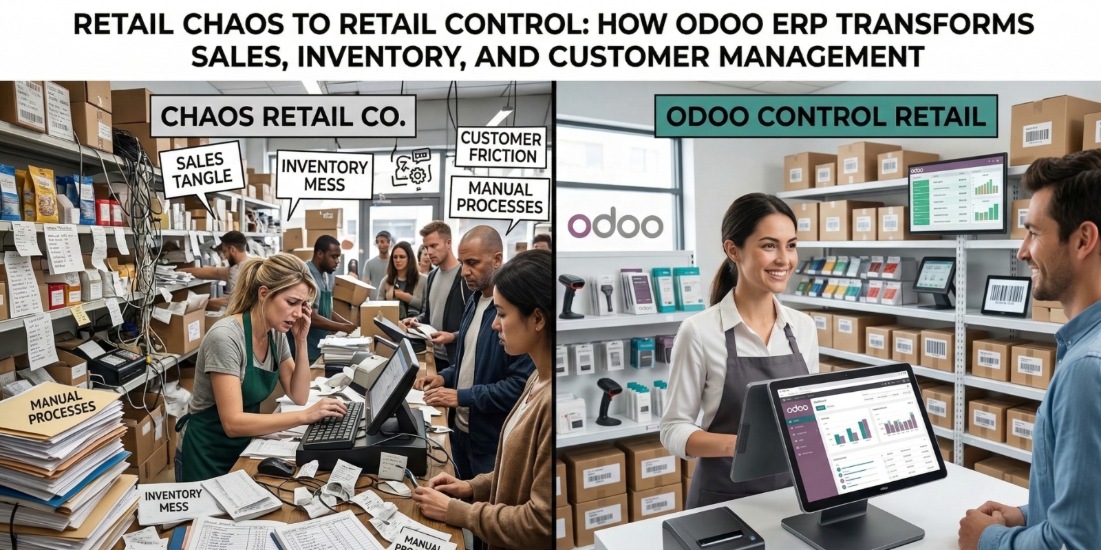 Retail store cashier processing a customer purchase using a modern point-of-sale system integrated with ERP software.