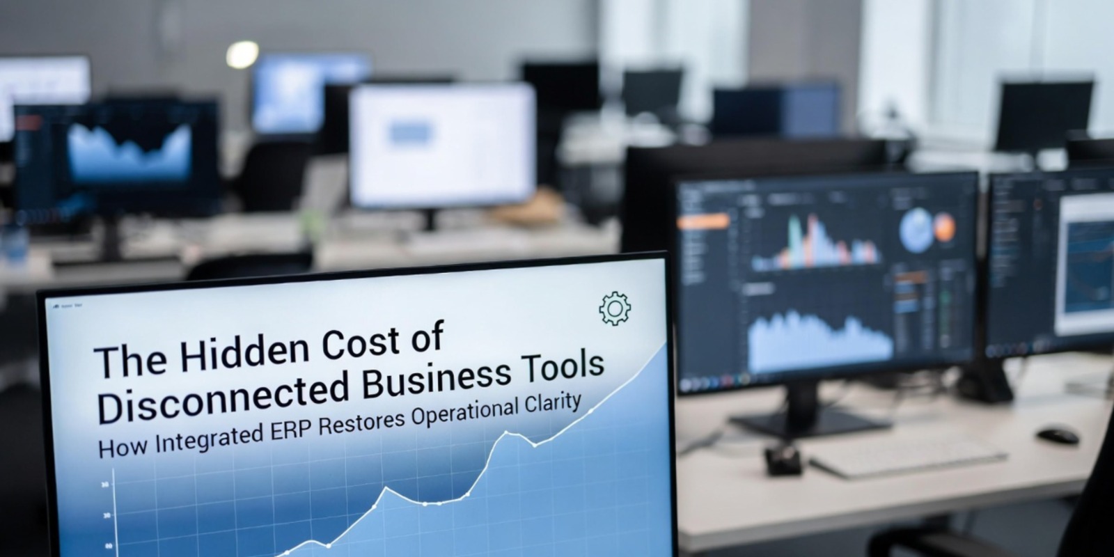 Employee working with multiple business software dashboards including CRM, accounting, and spreadsheets causing operational complexity.