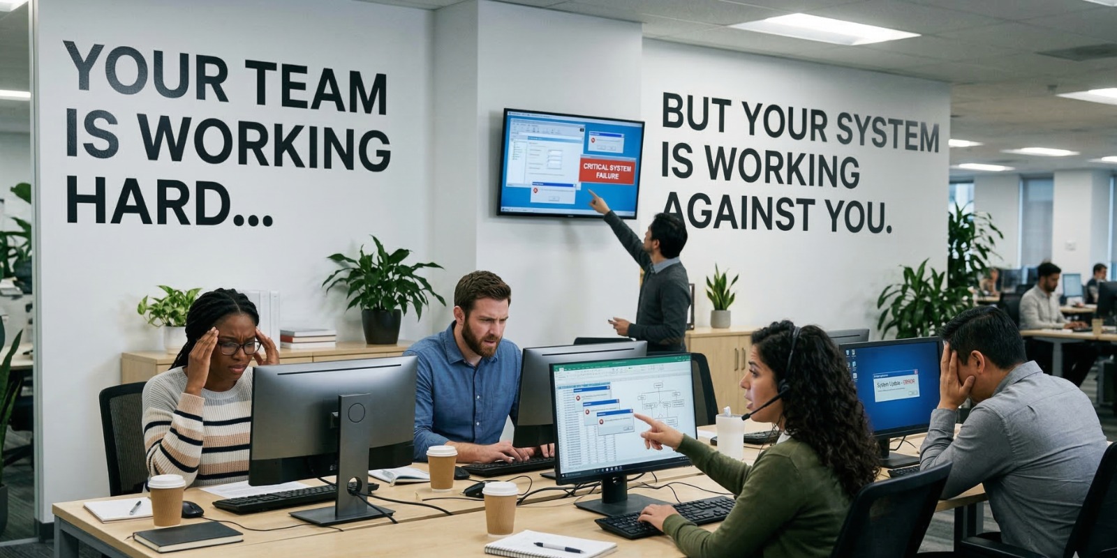 Workflow diagram showing fragmented business tools including CRM, inventory software, accounting systems, and spreadsheets causing operational inefficiencies.