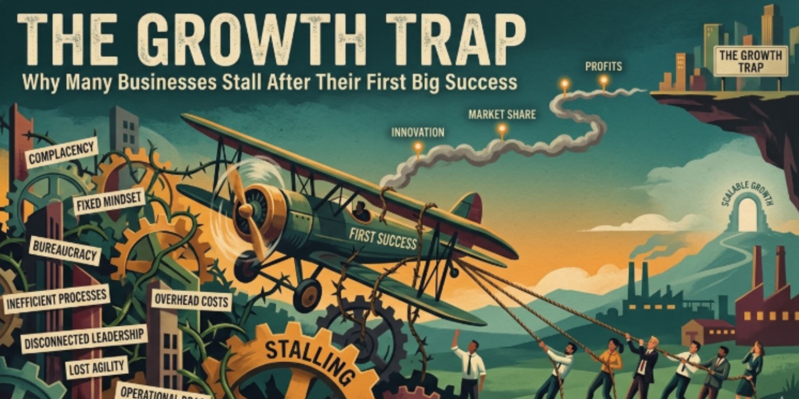 Business growth concept showing a company reaching early success but struggling to scale operations due to disconnected systems and inefficient processes.