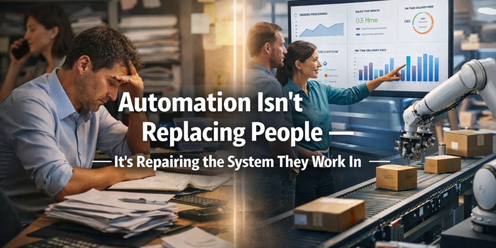 Split-screen visual showing a stressed employee handling manual paperwork on one side and an automated workflow system with real-time dashboards and robotics on the other, highlighting how automation improves efficiency rather than replacing people.