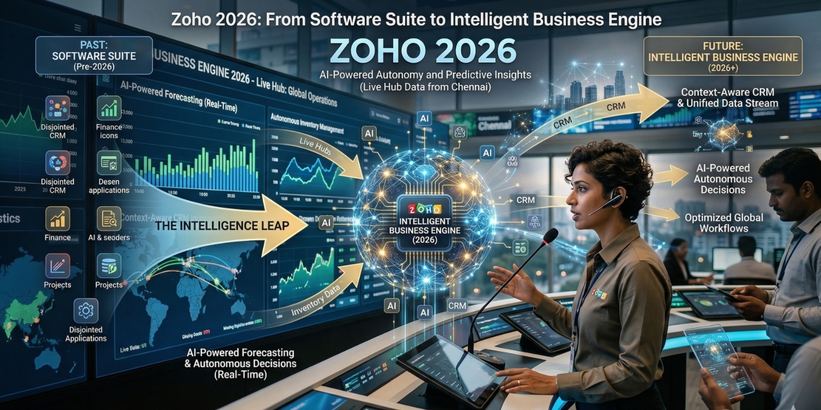 Futuristic Zoho dashboard with AI-powered analytics, automation workflows, and real-time business insights showing complete end-to-end business control.