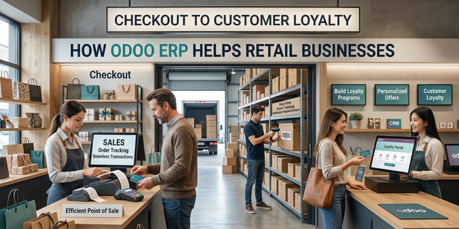 Retail workflow diagram showing customer purchase updating sales, inventory, and customer data automatically in Odoo ERP.
