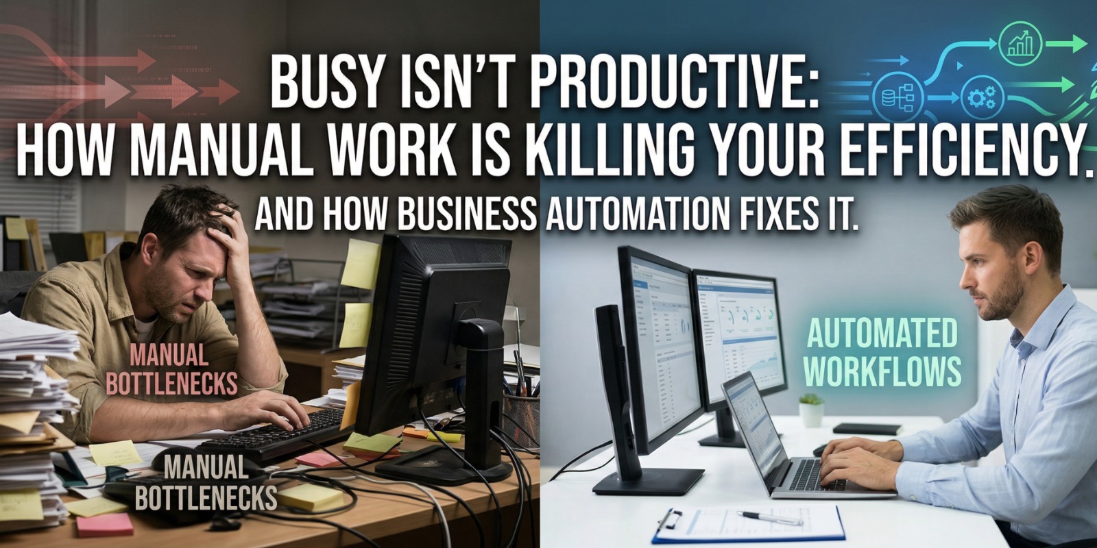 Business team transitioning from manual spreadsheets and repetitive tasks to automated workflows with real-time dashboards and business automation system.