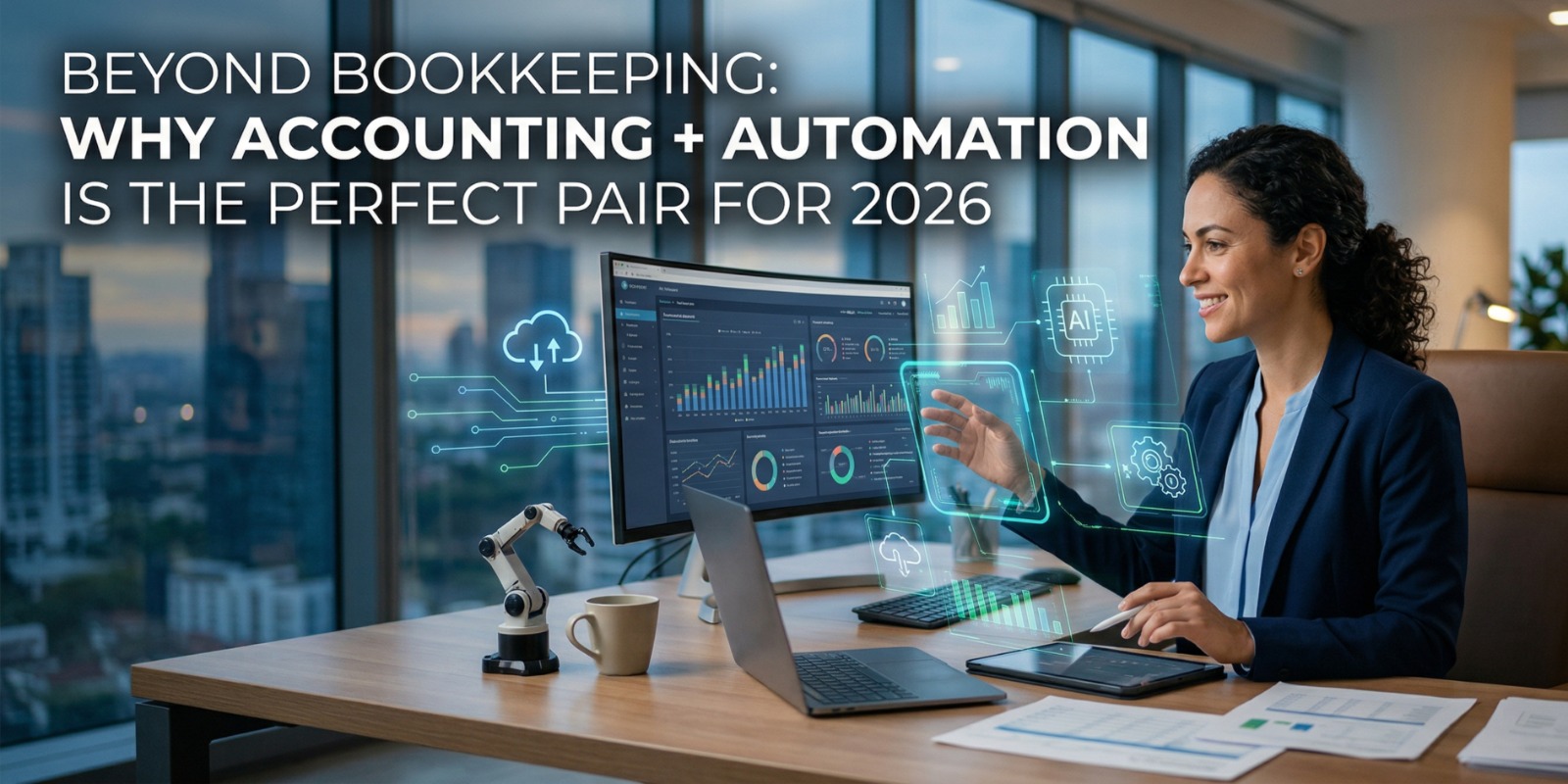 Accounting automation dashboard showing real-time financial data, automated invoicing, and smart reconciliation for modern businesses.