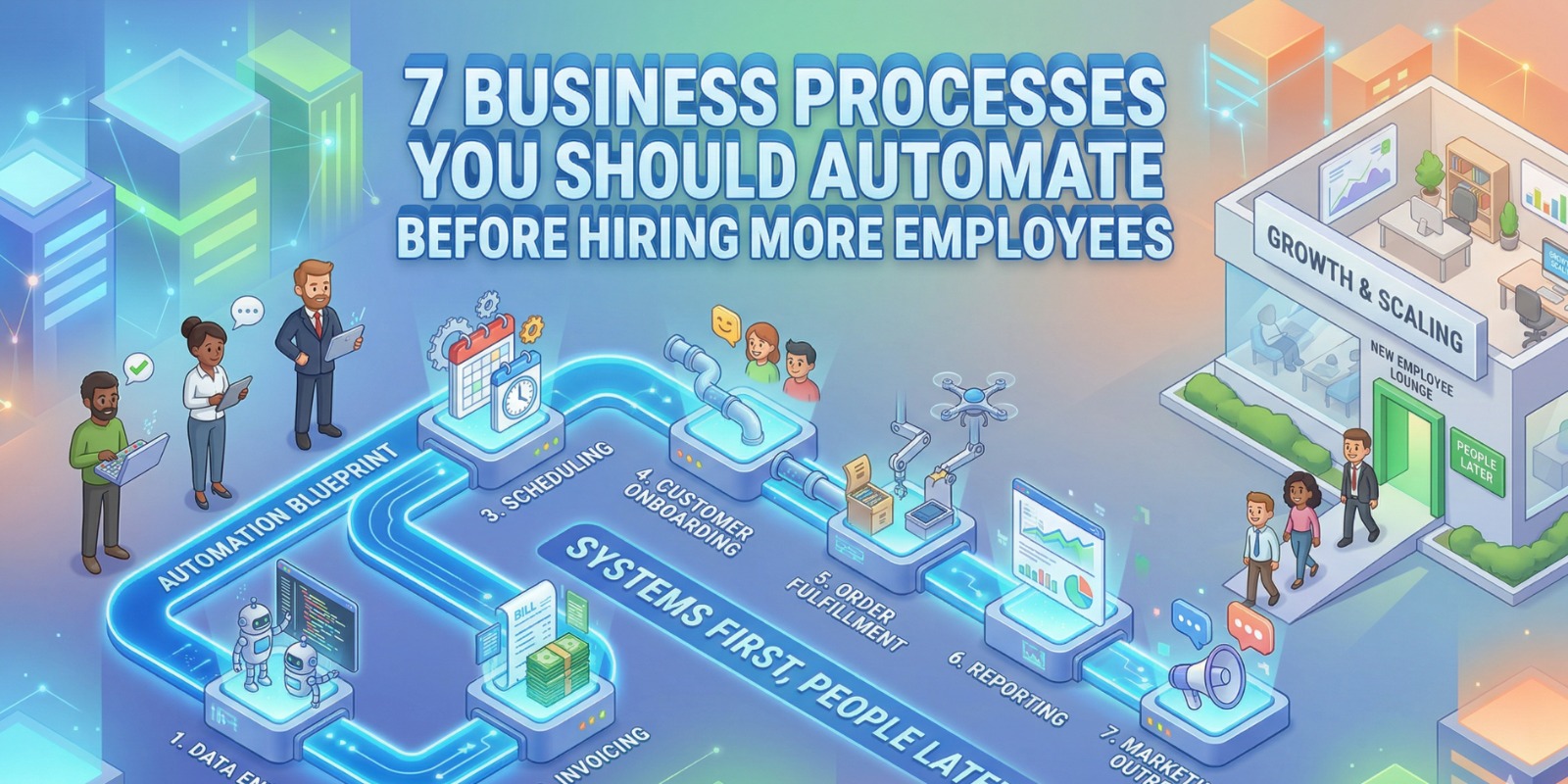 Business workflow automation replacing manual tasks before hiring employees, with dashboard showing automated sales, invoicing, and operations.