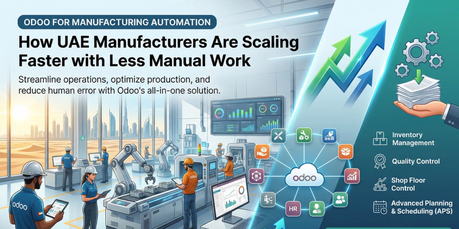Odoo Manufacturing Automation dashboard showing production planning, work orders, inventory tracking, and automated manufacturing workflows for UAE factories.
