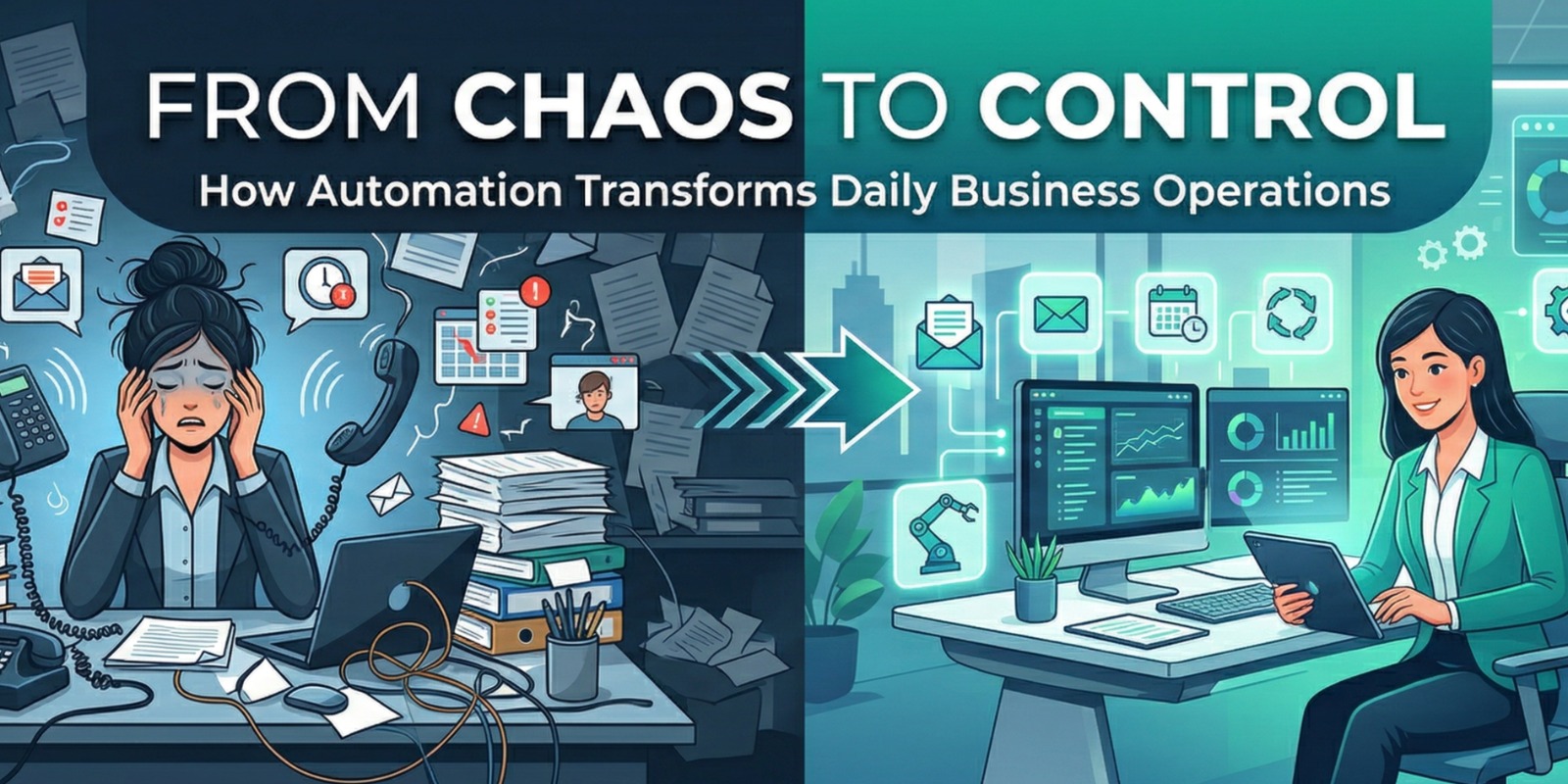 Business automation dashboard showing automated workflows connecting sales, inventory, finance, approvals, and customer management for UAE businesses transitioning from manual operations to automated ERP-driven processes.