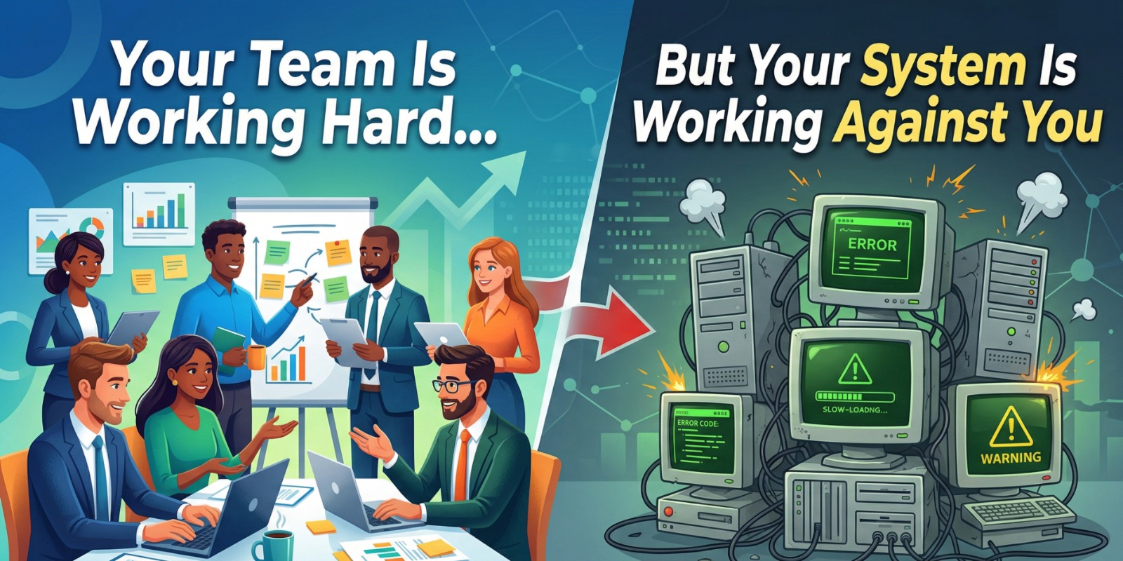 Team working across disconnected systems like spreadsheets, CRM, accounting, and inventory tools, contrasted with unified ERP dashboard showing real-time business operations for UAE businesses.