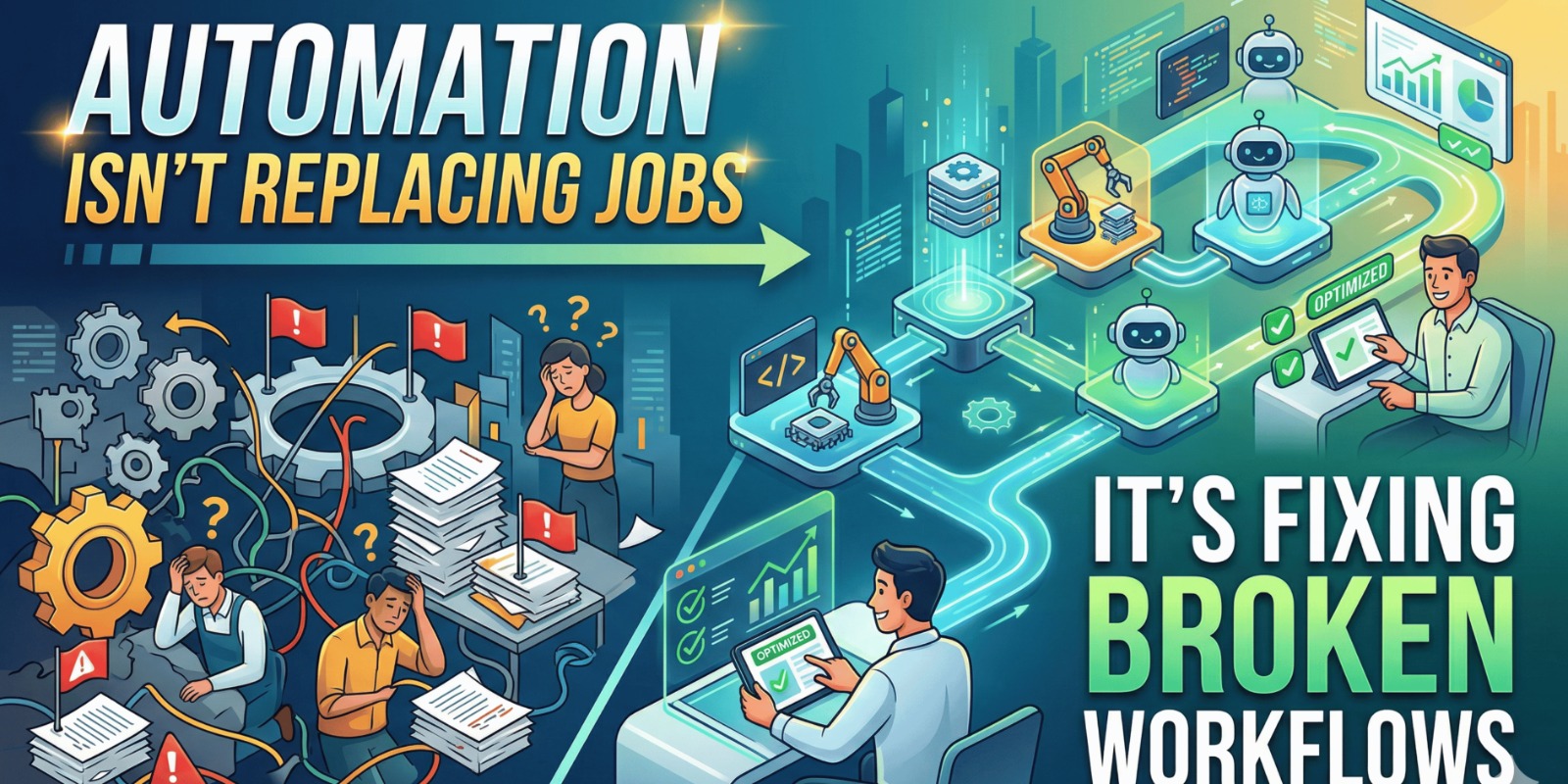 Business workflow automation illustration showing sales, finance, inventory, and operations connected through automated processes, improving productivity without replacing employees for UAE businesses.