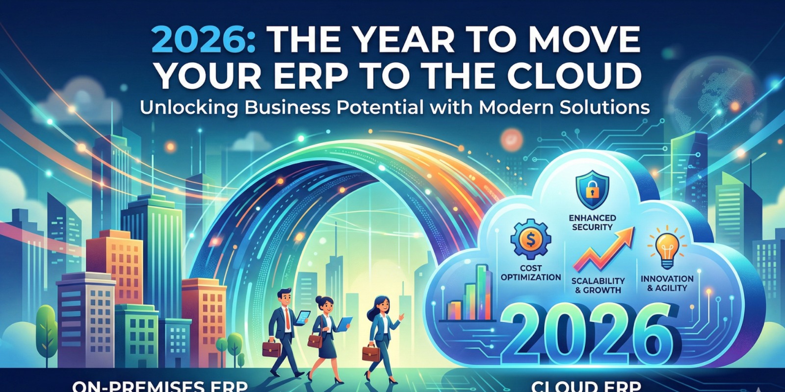 Business professionals reviewing cloud ERP dashboard on laptop with real-time analytics, finance, inventory, and sales data, representing migration from traditional ERP to modern cloud-based business management system in 2026.