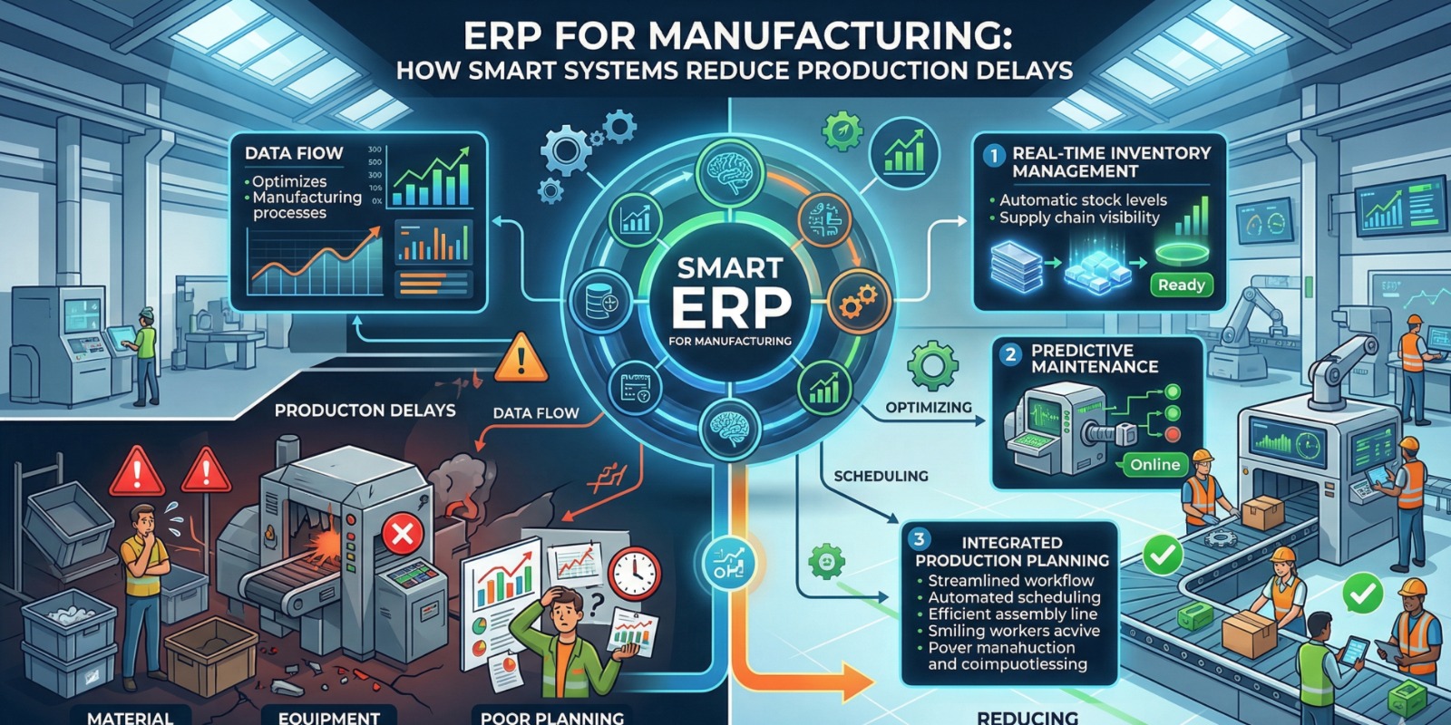 Manufacturing team using a cloud ERP dashboard to monitor production planning, inventory levels, work orders, and real-time factory performance to reduce production delays.