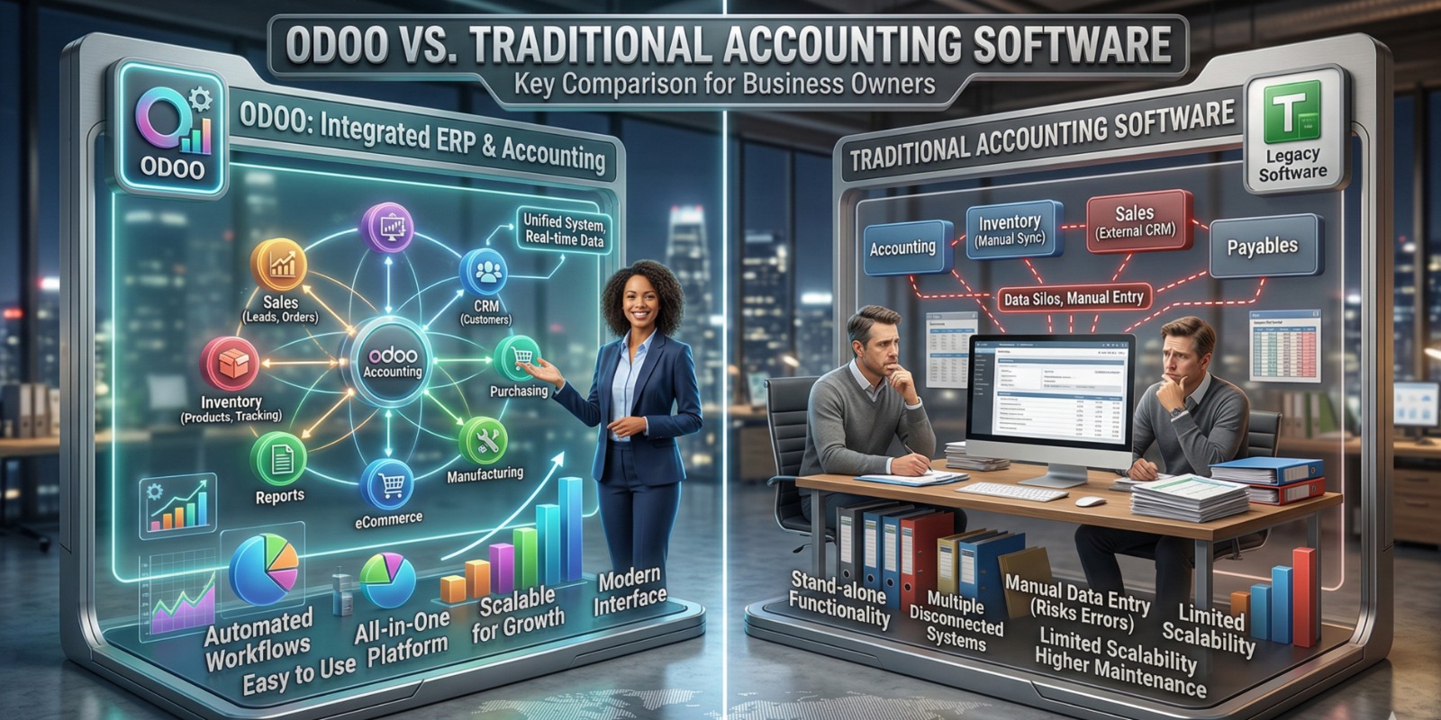 Odoo ERP dashboard showcasing integrated accounting, inventory, and sales compared with traditional accounting software systems used by modern businesses.
