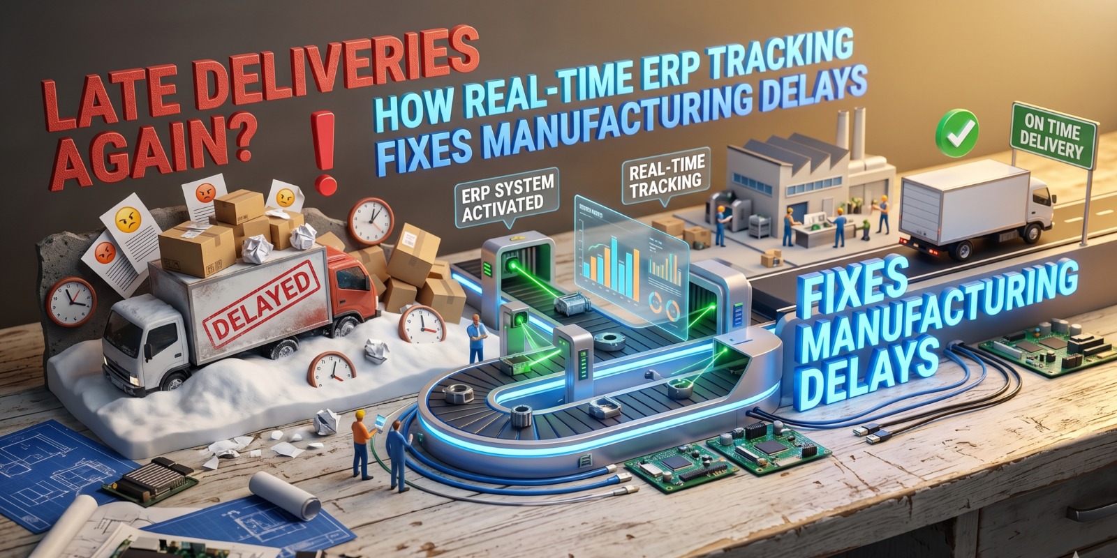 Manufacturing dashboard showing real-time ERP tracking of production, inventory, and delivery timelines compared to delayed traditional manufacturing processes.