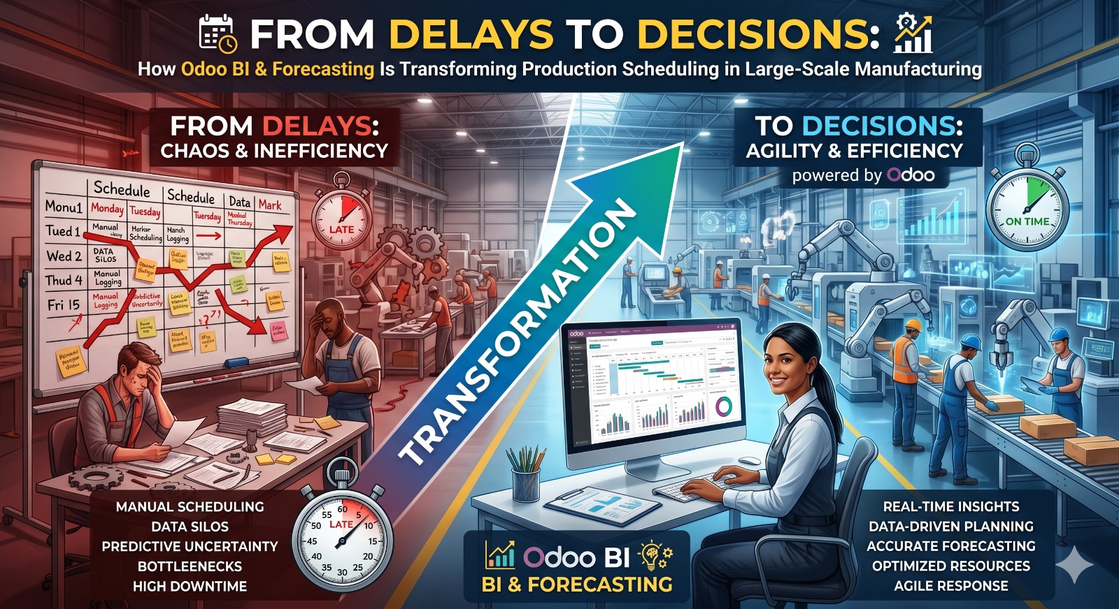 Odoo ERP dashboard displaying business intelligence analytics and demand forecasting for smart production scheduling in large-scale manufacturing operations.