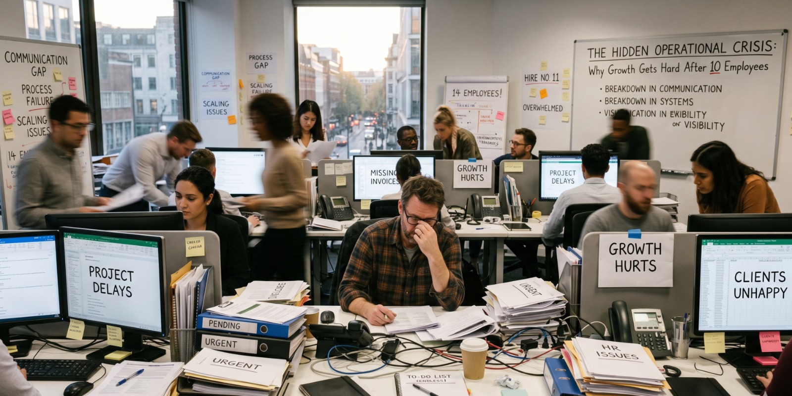 Business owner managing team growth challenges after hiring 10 employees, showing operational bottlenecks, team communication issues, and scalable business systems dashboard.