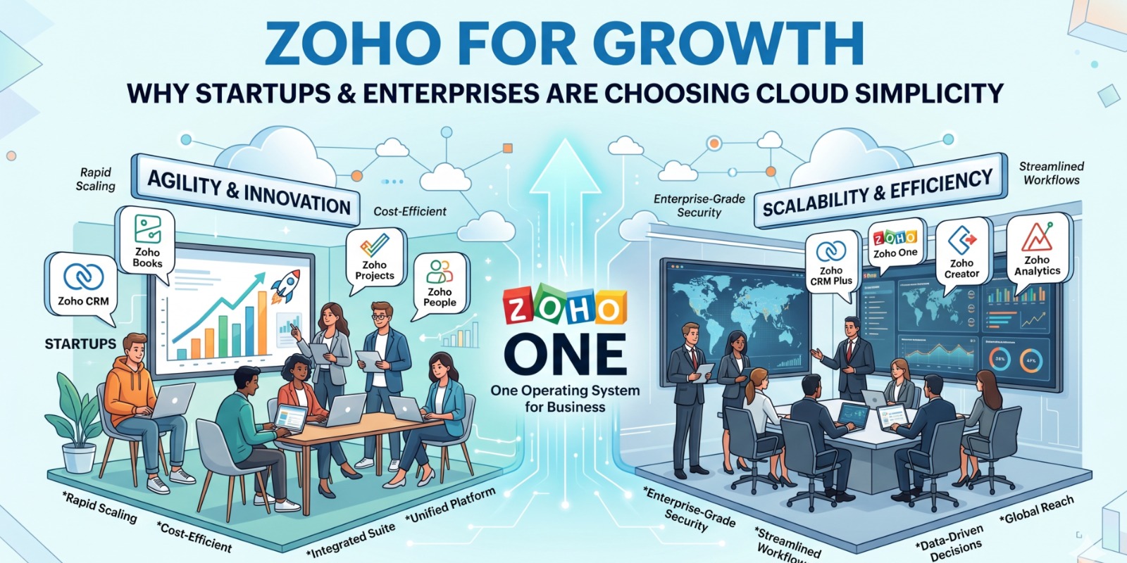 Zoho cloud business software dashboard showing CRM, accounting, HR, analytics, and workflow tools helping startups and enterprises scale with simple cloud solutions.