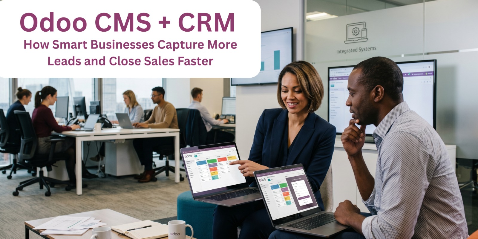 Odoo CMS and CRM dashboard showing website lead forms, sales pipeline, customer tracking, automated follow-ups, and analytics for faster lead conversion and business growth.