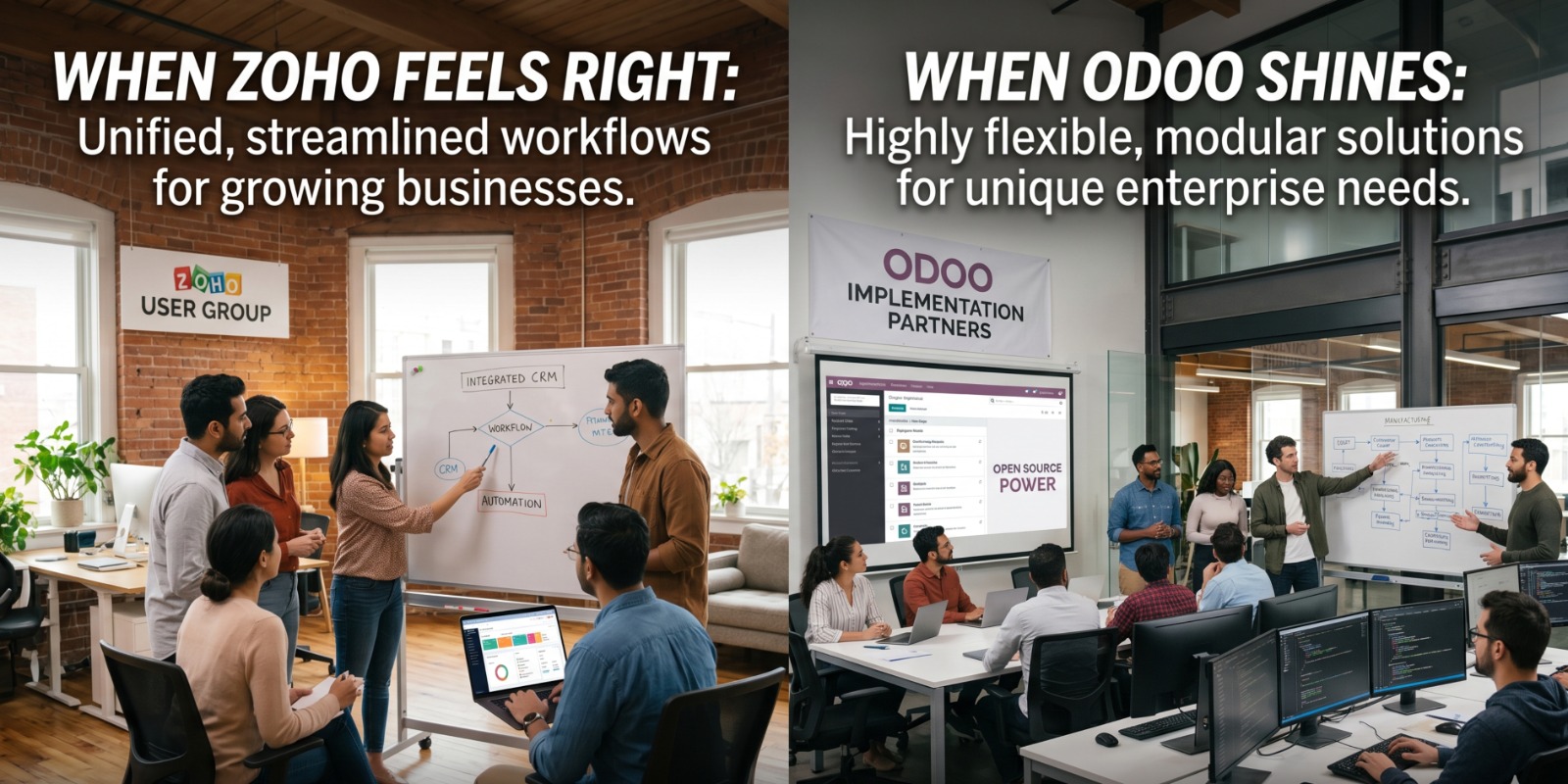 Comparison dashboard showing Zoho and Odoo business software platforms with CRM, accounting, HR, inventory, ERP, and analytics tools helping companies choose the right business management system.