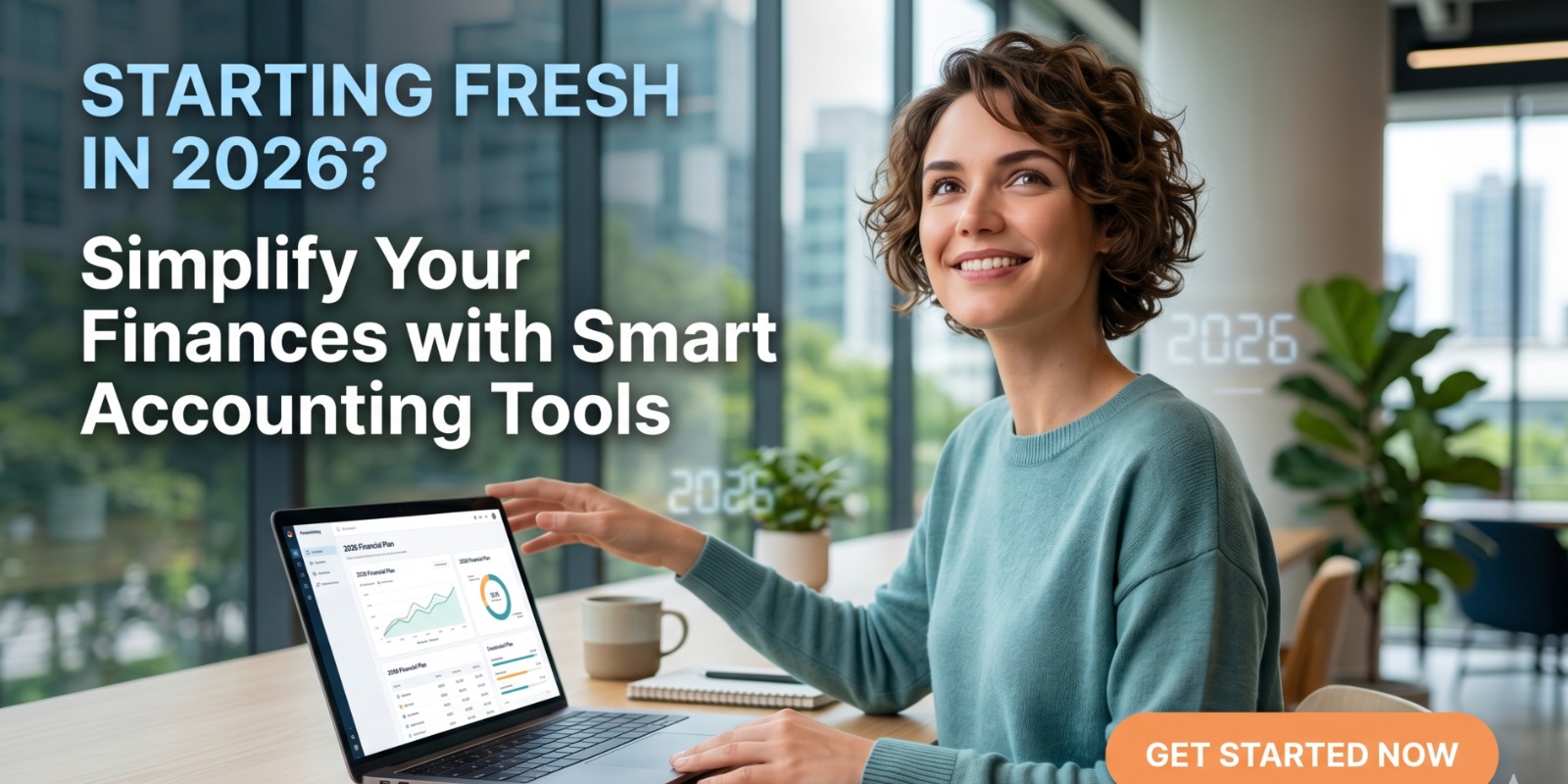 Modern business accounting dashboard showing cash flow reports, invoices, expenses, tax summaries, and smart financial tools helping businesses simplify finances in 2026.