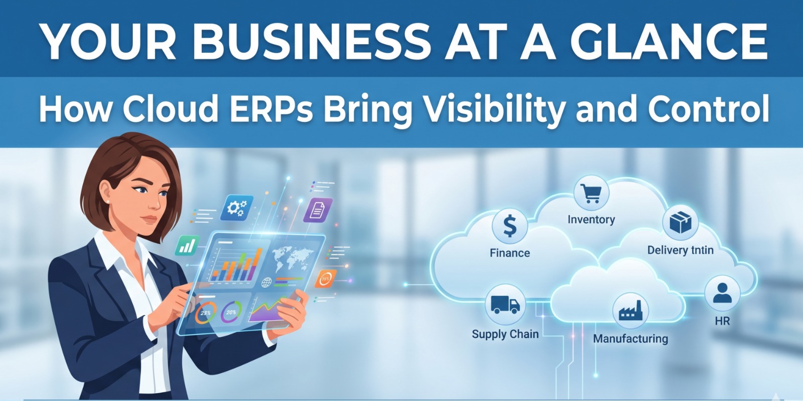 Cloud ERP dashboard displaying real-time business insights including sales, finance, inventory, team performance, and analytics for better visibility and control.