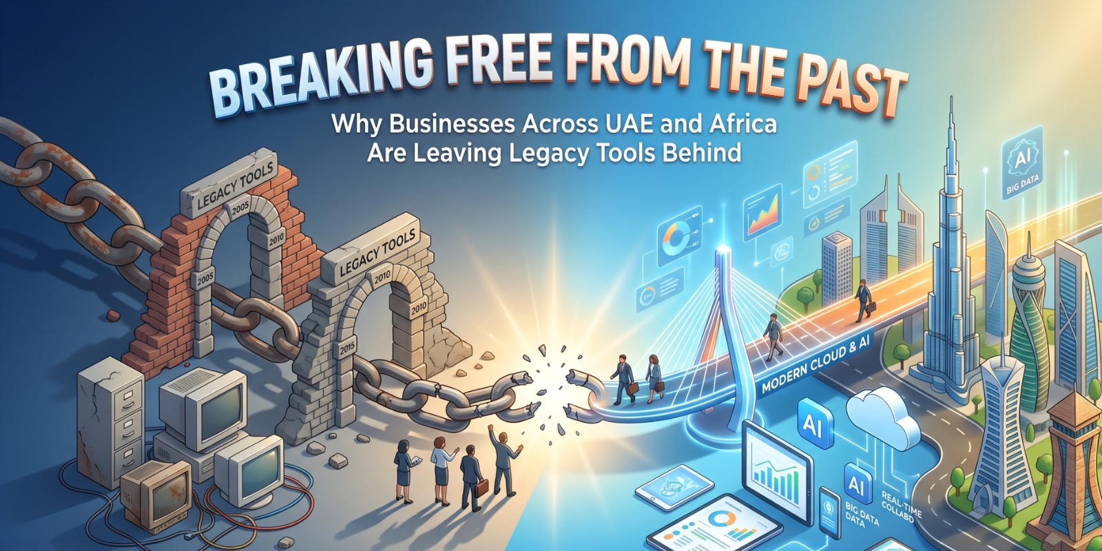 Business team in UAE and Africa analyzing cloud dashboards while replacing legacy systems with modern Zoho cloud software for real-time data visibility and operational efficiency.
