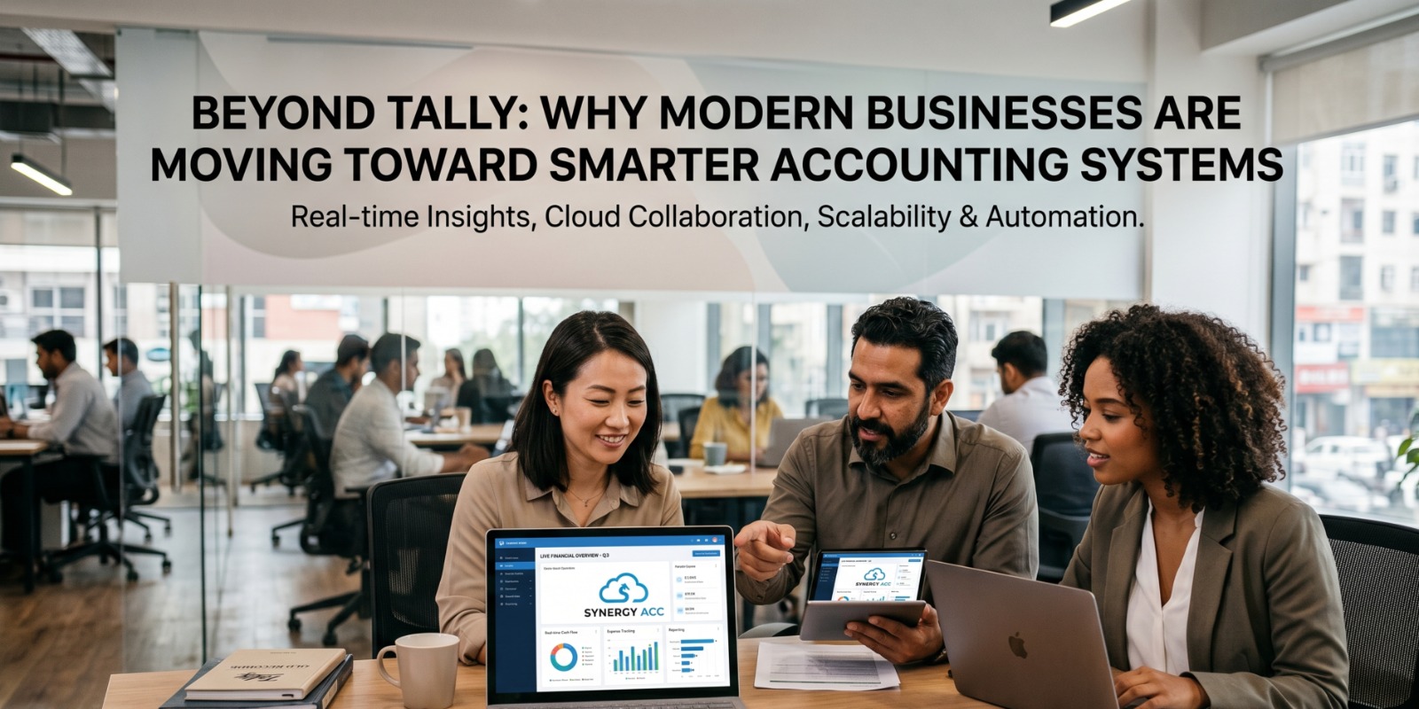 Business owner comparing traditional Tally accounting software with modern cloud ERP platforms like Zoho and Odoo for real-time reporting, automation, and connected business operations.