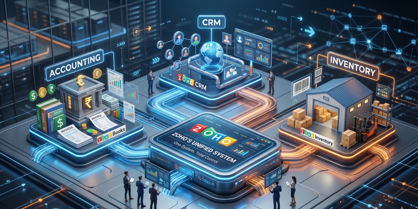 Zoho ecosystem dashboard showing integrated CRM, accounting, and inventory systems working together to provide real-time business insights and streamlined operations.