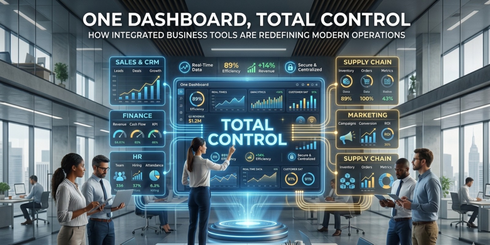 Integrated business dashboard showing sales, finance, HR, inventory, and analytics in one unified system, enabling real-time decision-making and cross-department visibility.
