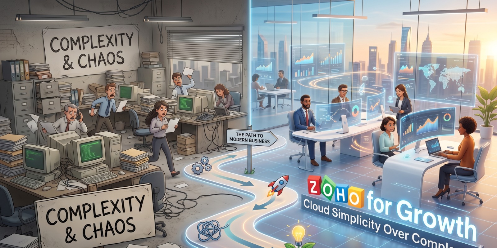Business professionals using Zoho cloud software dashboards for CRM, accounting, HR, analytics, and workflow automation to manage growth and simplify operations.