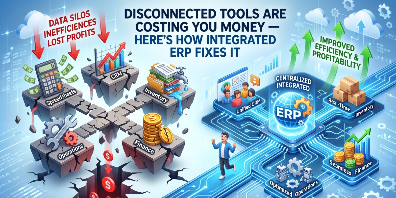Integrated ERP dashboard connecting sales, finance, HR, inventory, and reporting systems to help businesses reduce operational chaos and improve real-time visibility.